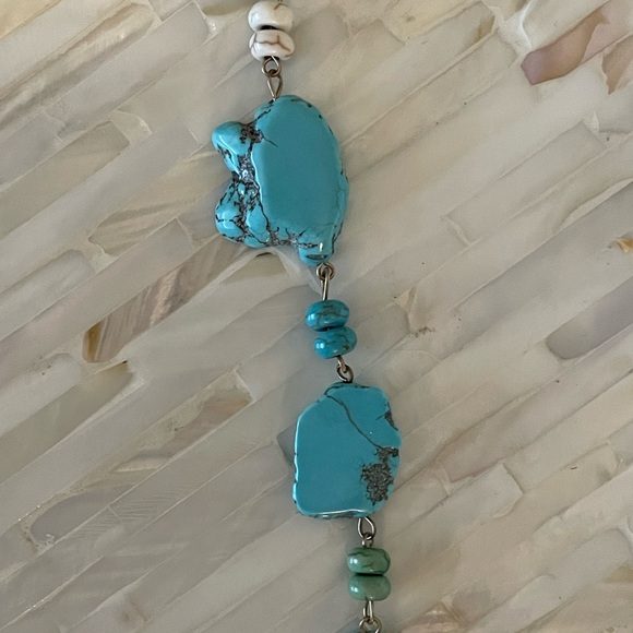 Boho Blue Turquoise Color Slab Chunky Stone Beaded Vegan Leather Long Necklace - Picture 4 of 10
